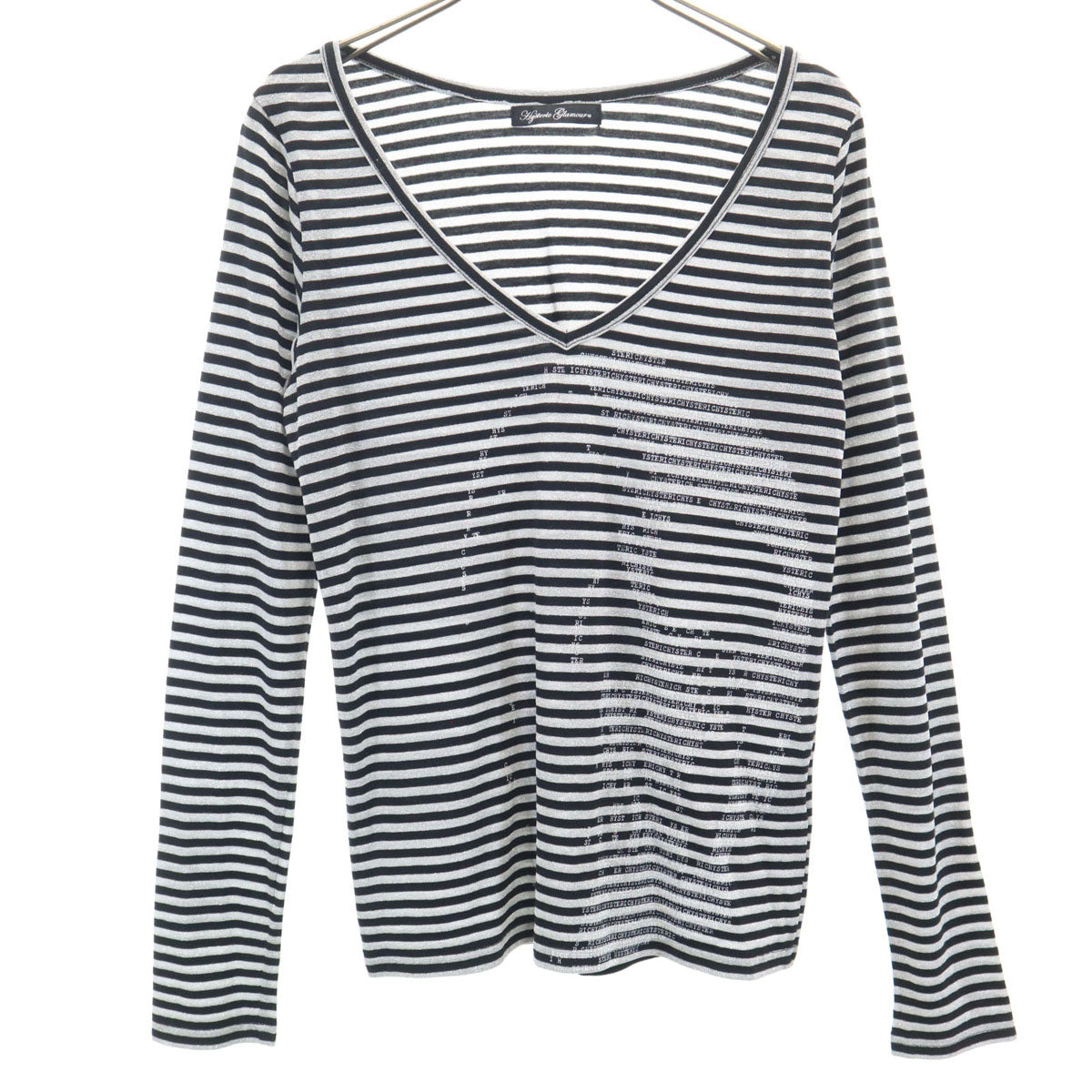 美品 HYSTERIC GLAMOUR ヒステリックグラマー 日本製 ボーダー柄 長袖 Vネック Tシャツ FREE シルバー ラメ ロンT レディース