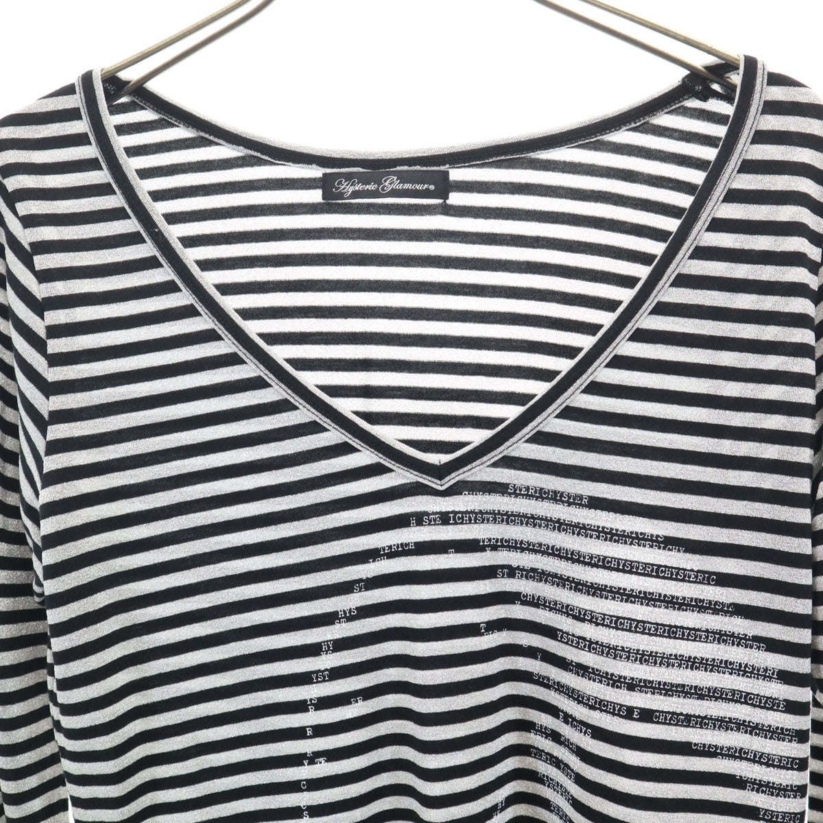 美品 HYSTERIC GLAMOUR ヒステリックグラマー 日本製 ボーダー柄 長袖 Vネック Tシャツ FREE シルバー ラメ ロンT レディース