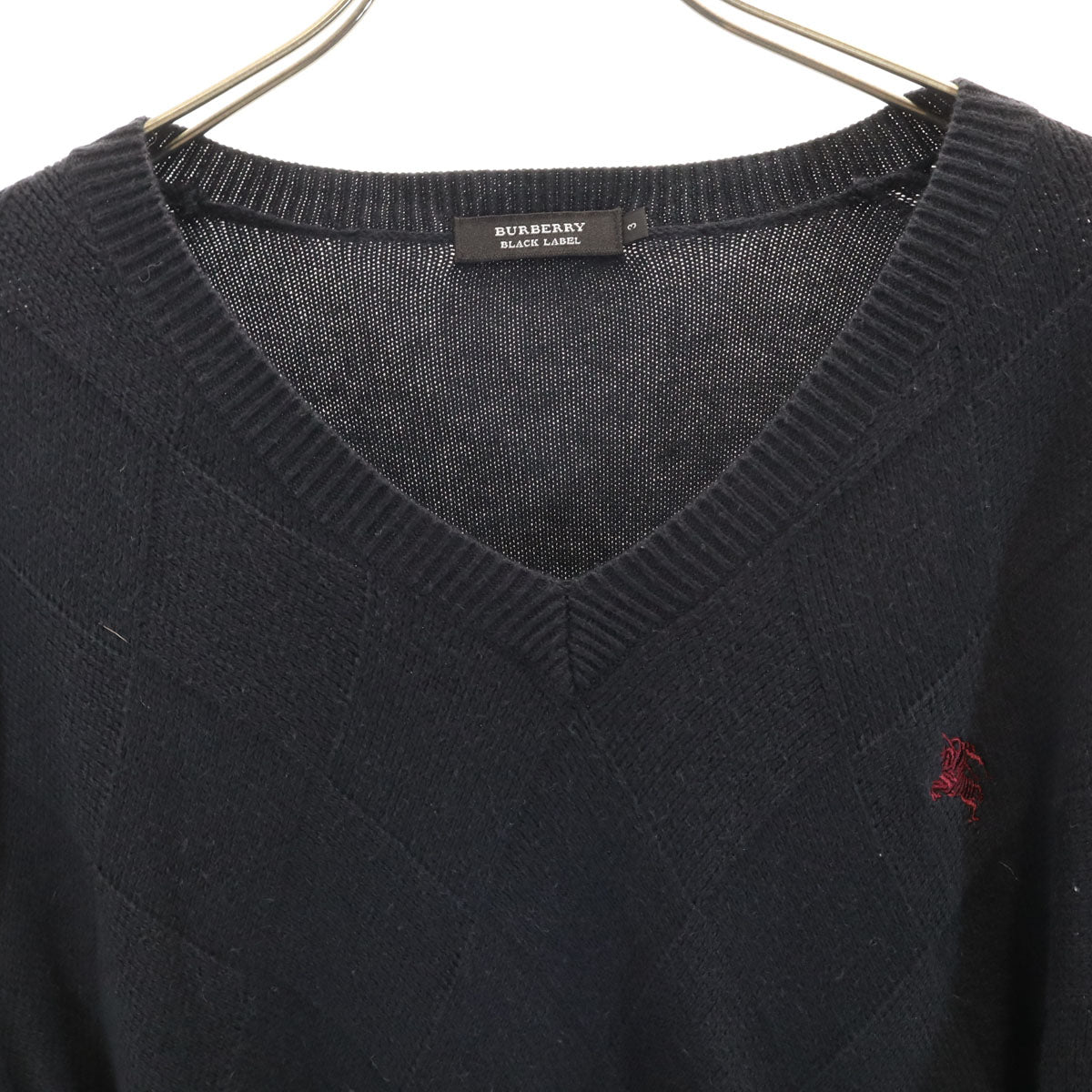 BURBERRY BLACK LABEL バーバリーブラックレーベル ダイヤ柄 長袖 Vネック ニット 3 ネイビー 三陽商会 セーター メンズ