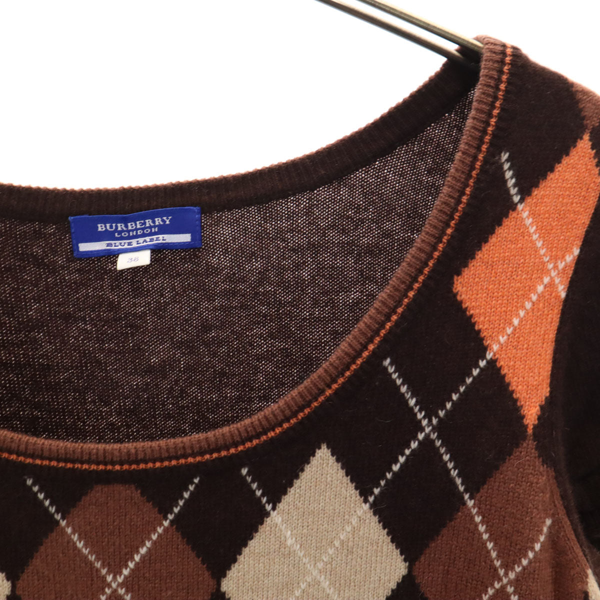 BURBERRY LONDON BLUE LABEL バーバリー ロンドン ブルーレーベル アーガイル柄 半袖 ニット 38 ブラウン 三陽商会 セーター レディース