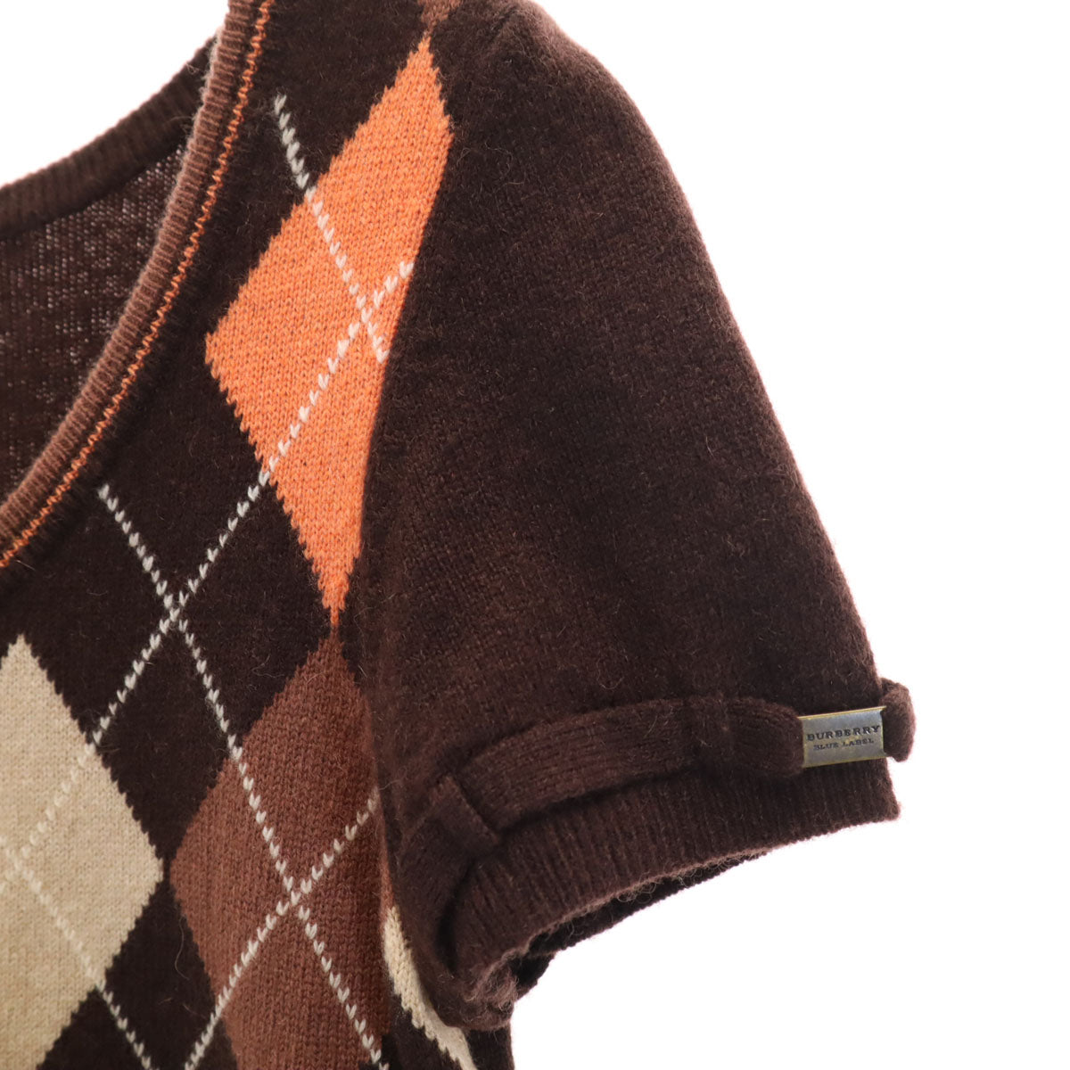 BURBERRY LONDON BLUE LABEL バーバリー ロンドン ブルーレーベル アーガイル柄 半袖 ニット 38 ブラウン 三陽商会 セーター レディース