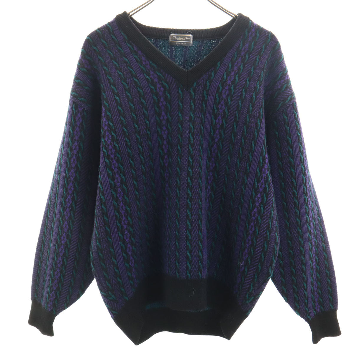 Christian Dior MONSIEUR クリスチャンディオール ムッシュ 90s オールド ストライプ柄 長袖 Vネック セーター L パープル ニット メンズ