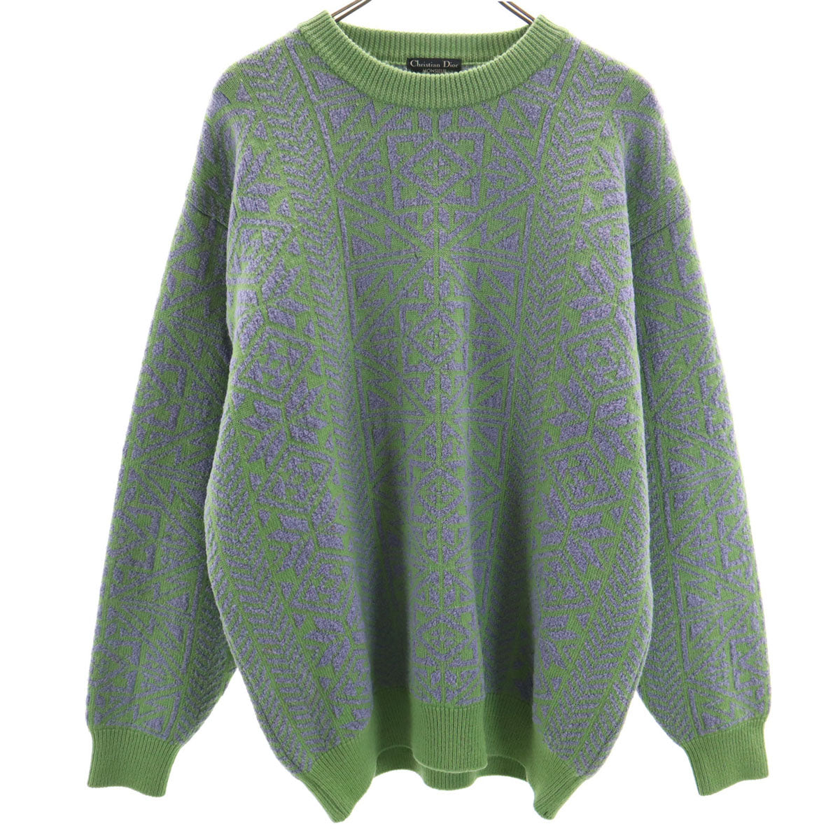 Christian Dior MONSIEUR クリスチャンディオール ムッシュ 90s オールド 総柄 長袖 セーター L 黄緑 ニット メンズ
