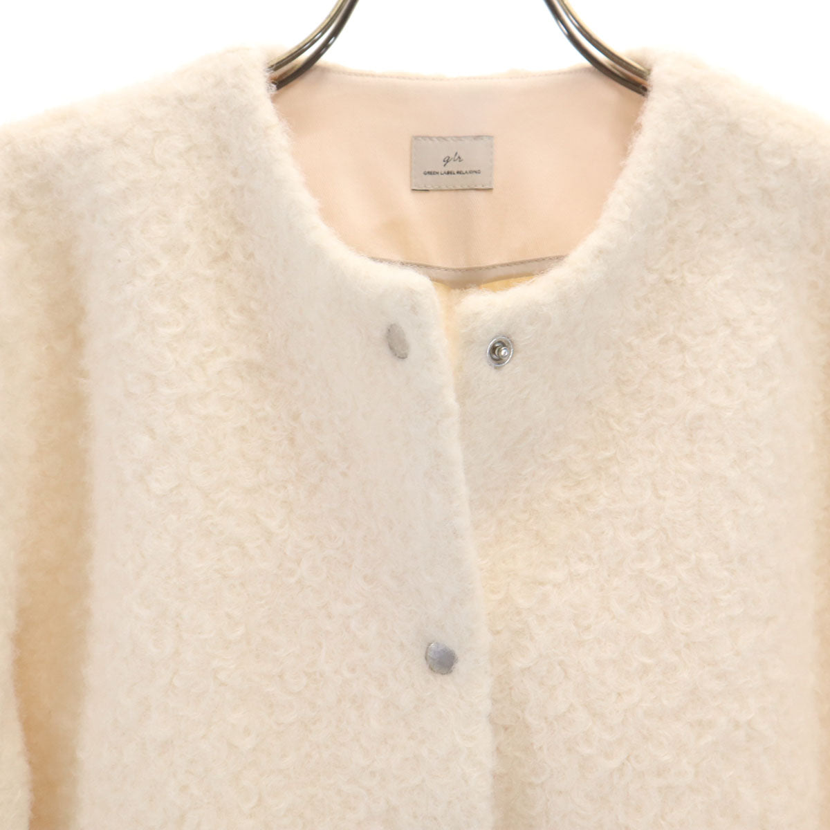 green label relaxing グリーンレーベルリラクシング ノーカラー ボア ジャケット アイボリー レディース