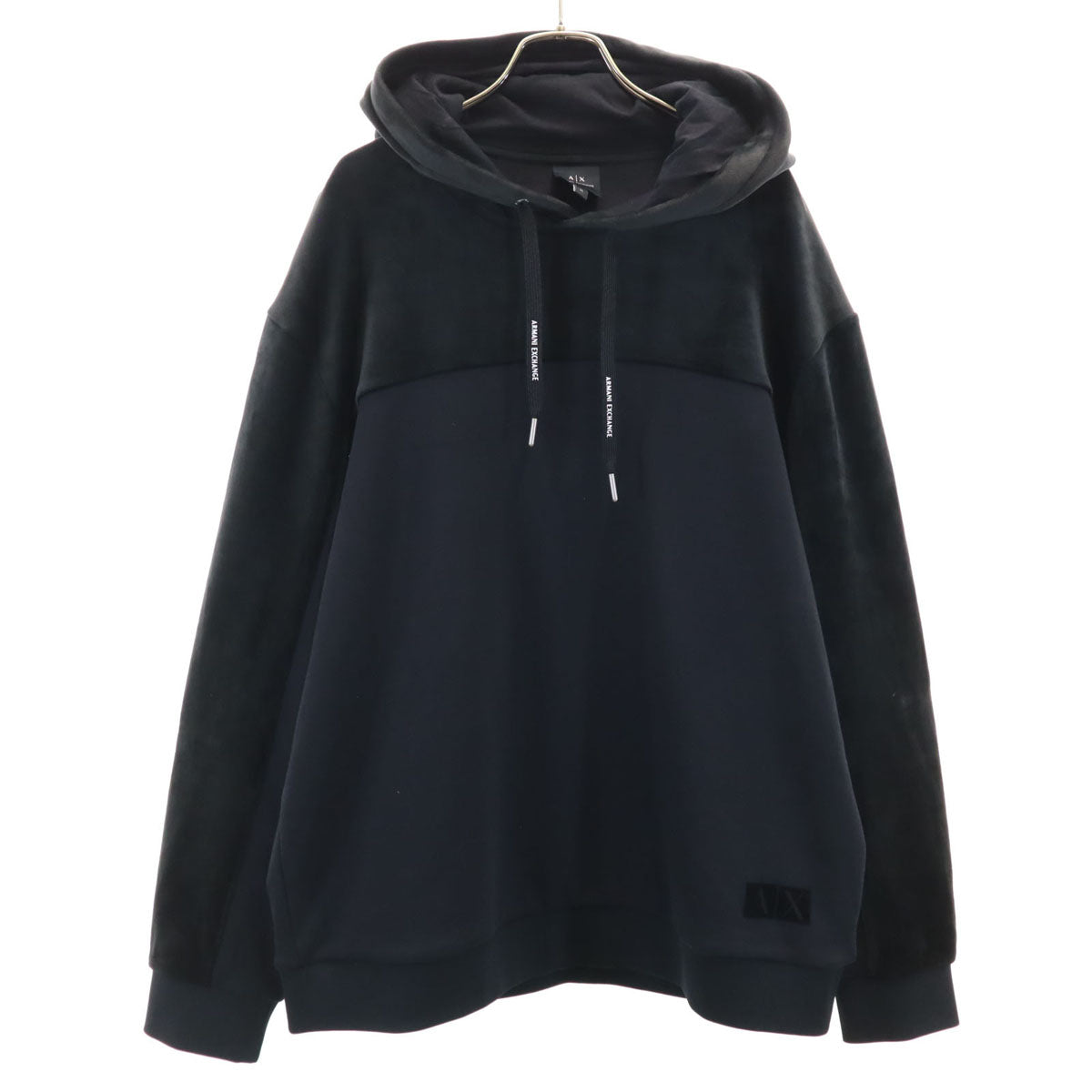 美品 ARMANI EXCHANGE アルマーニエクスチェンジ 長袖 ベロア切替 スウェットパーカー XL ブラック メンズ