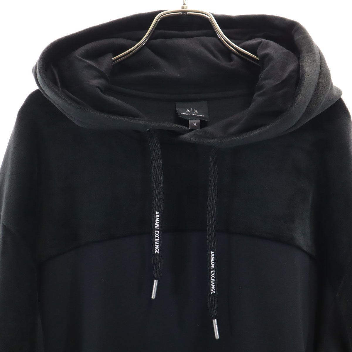 美品 ARMANI EXCHANGE アルマーニエクスチェンジ 長袖 ベロア切替 スウェットパーカー XL ブラック メンズ