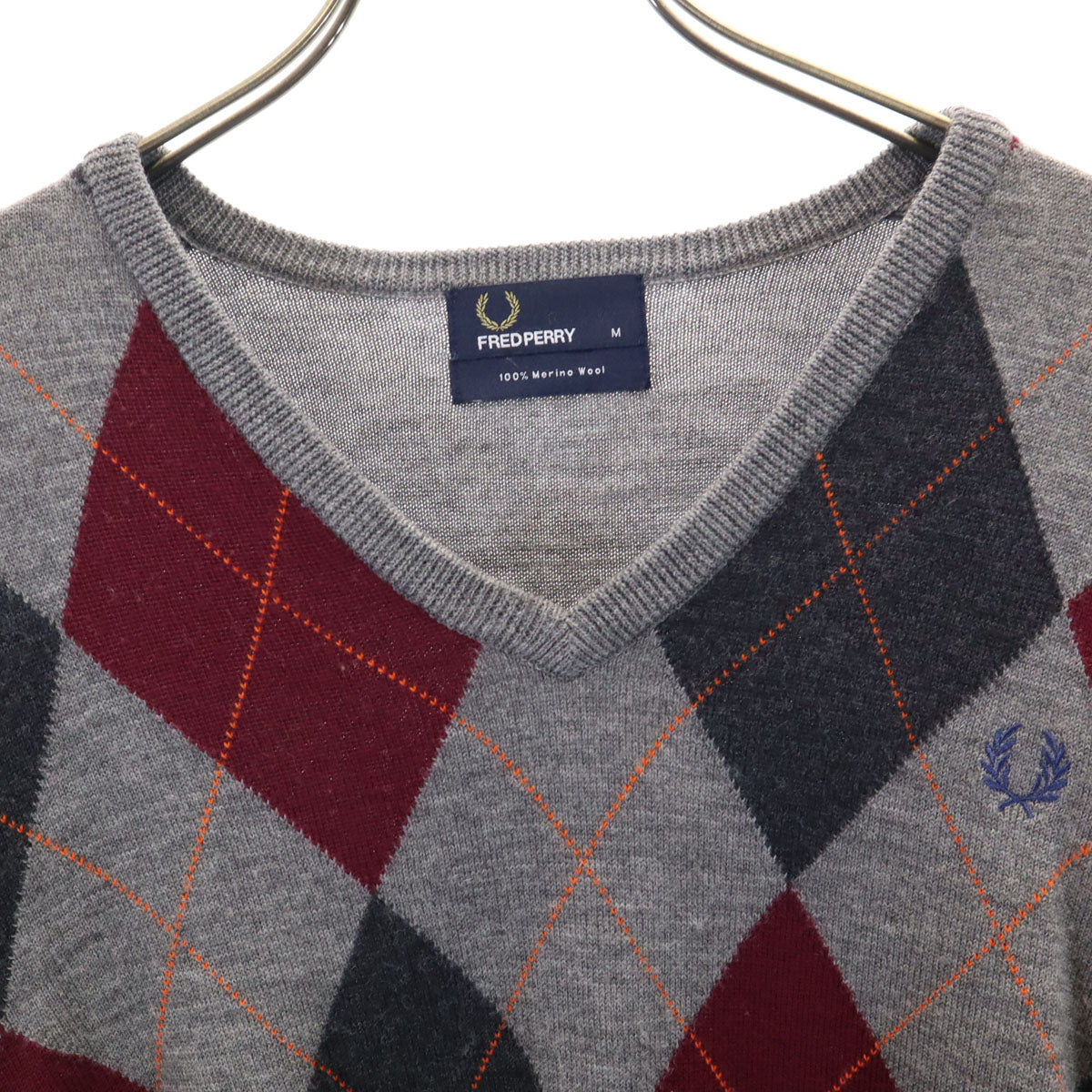 FRED PERRY フレッドペリー アーガイル柄 長袖 Vネック セーター M グレー ニット メンズ