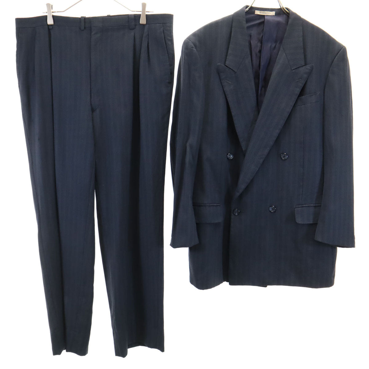 GIVENCHY ジバンシィ 90s オールド ストライプ柄 ダブル スーツ 上下 セットアップ 102-98-180 ネイビー メンズ
