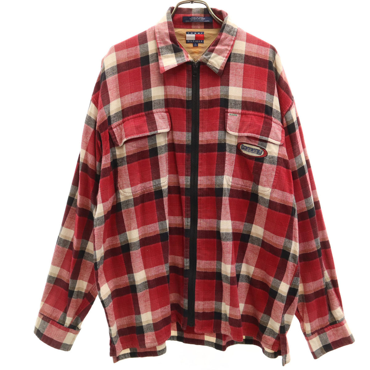 TOMMY HILFIGER トミーヒルフィガー チェック柄 長袖 ジップアップ ネルシャツ L レッド メンズ
