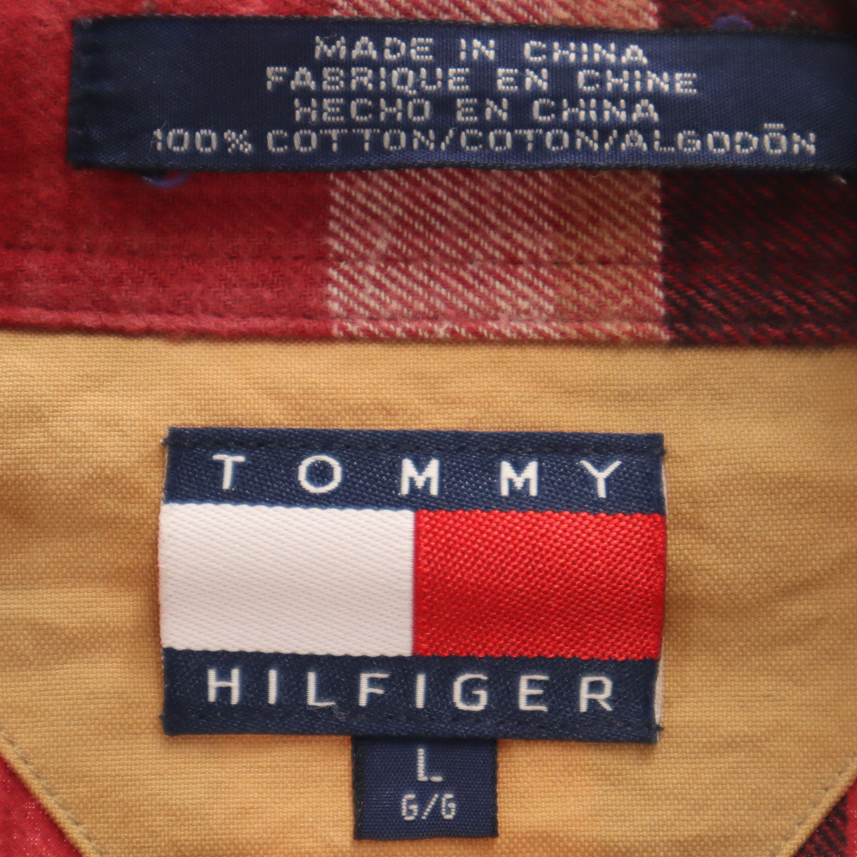 TOMMY HILFIGER トミーヒルフィガー チェック柄 長袖 ジップアップ ネルシャツ L レッド メンズ