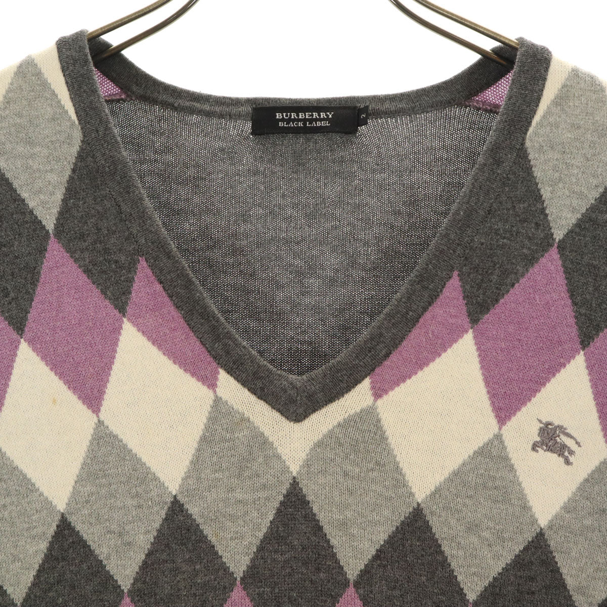 BURBERRY BLACK LABEL バーバリーブラックレーベル アーガイル柄 長袖 Vネック ニット 2 グレー セーター 三陽商会 メンズ