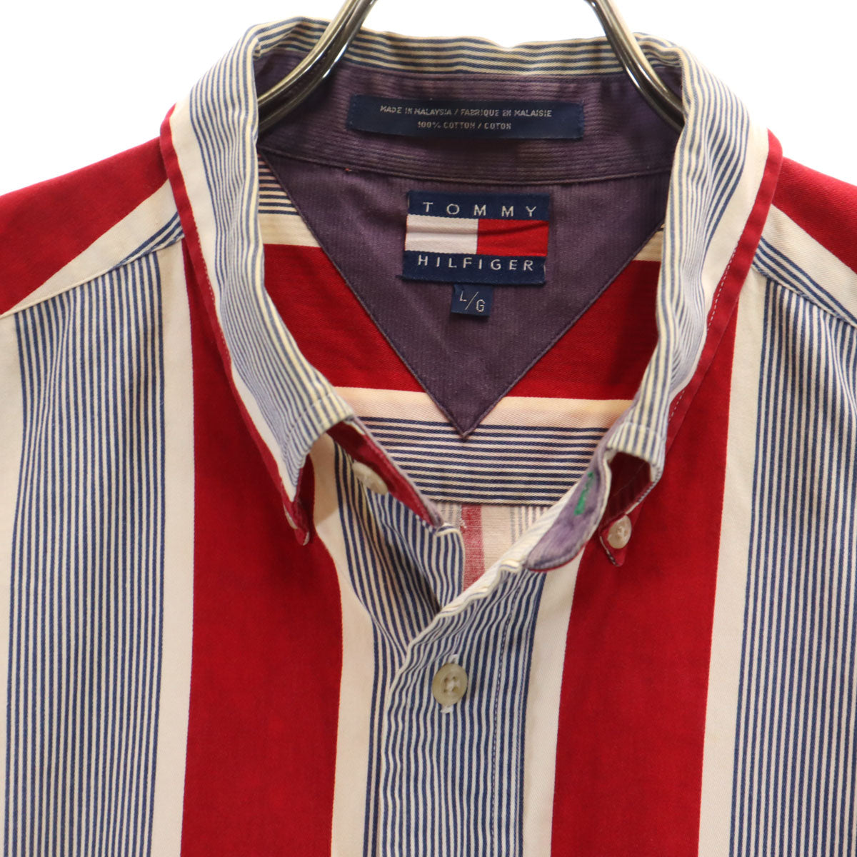 TOMMY HILFIGER トミーヒルフィガー 90s オールド ストライプ柄 長袖 ボタンダウンシャツ L レッド メンズ