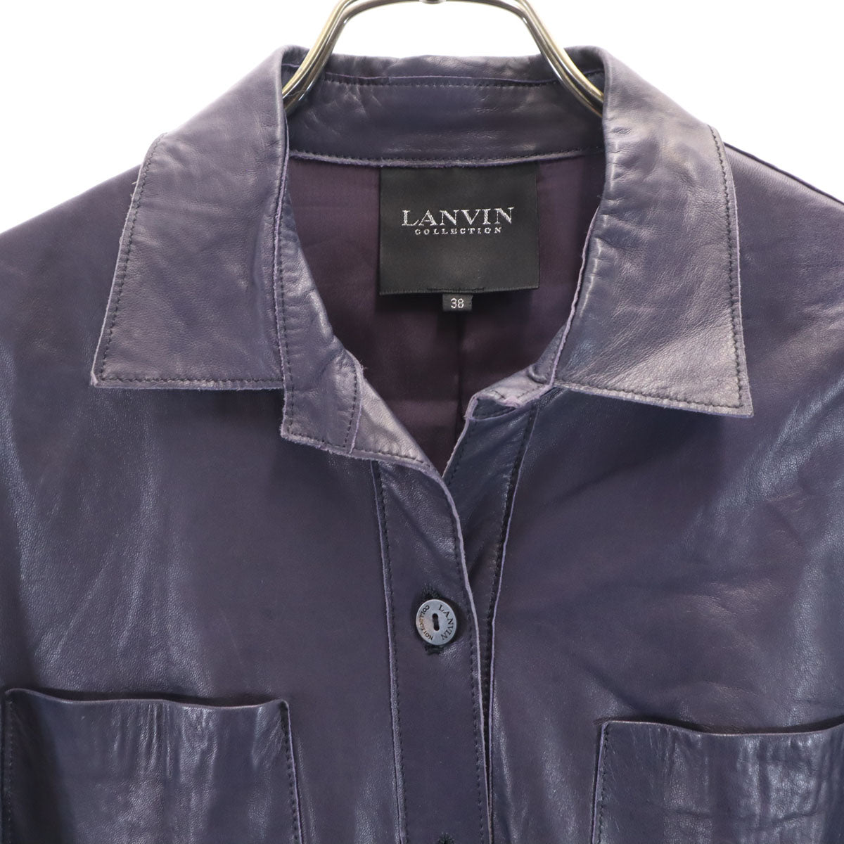 LANVIN LA COLLECTION ランバンコレクション 日本製 長袖 羊革レザー シャツ 38 ネイビー レディース
