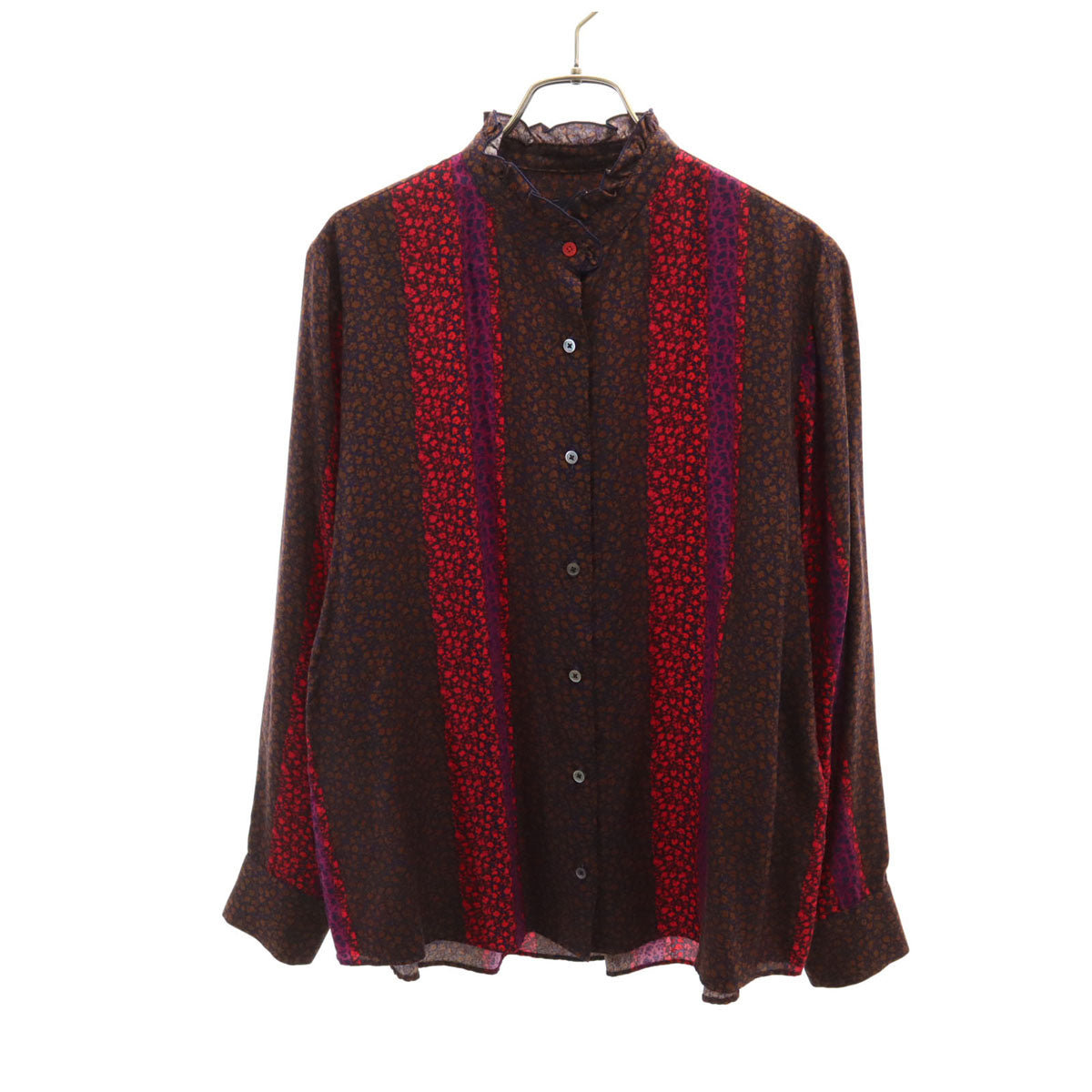 美品 PS Paul Smith ピーエスポールスミス 花柄 長袖 バンドカラーシャツ 44L ネイビー レディース