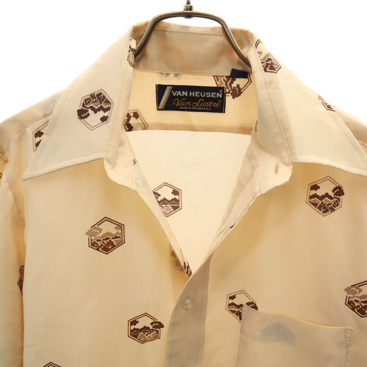 VAN HEUSEN ヴァンヒューゼン 70s ヴィンテージ 総柄 長袖 シャツ 15/34-35 ベージュ メンズ