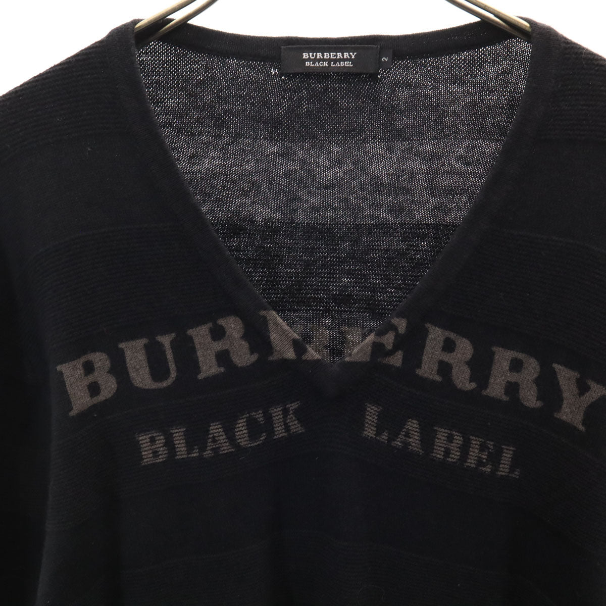 BURBERRY BLACK LABEL バーバリーブラックレーベル ボーダー柄 長袖 Vネック ニット 2 ブラック 三陽商会 レディース