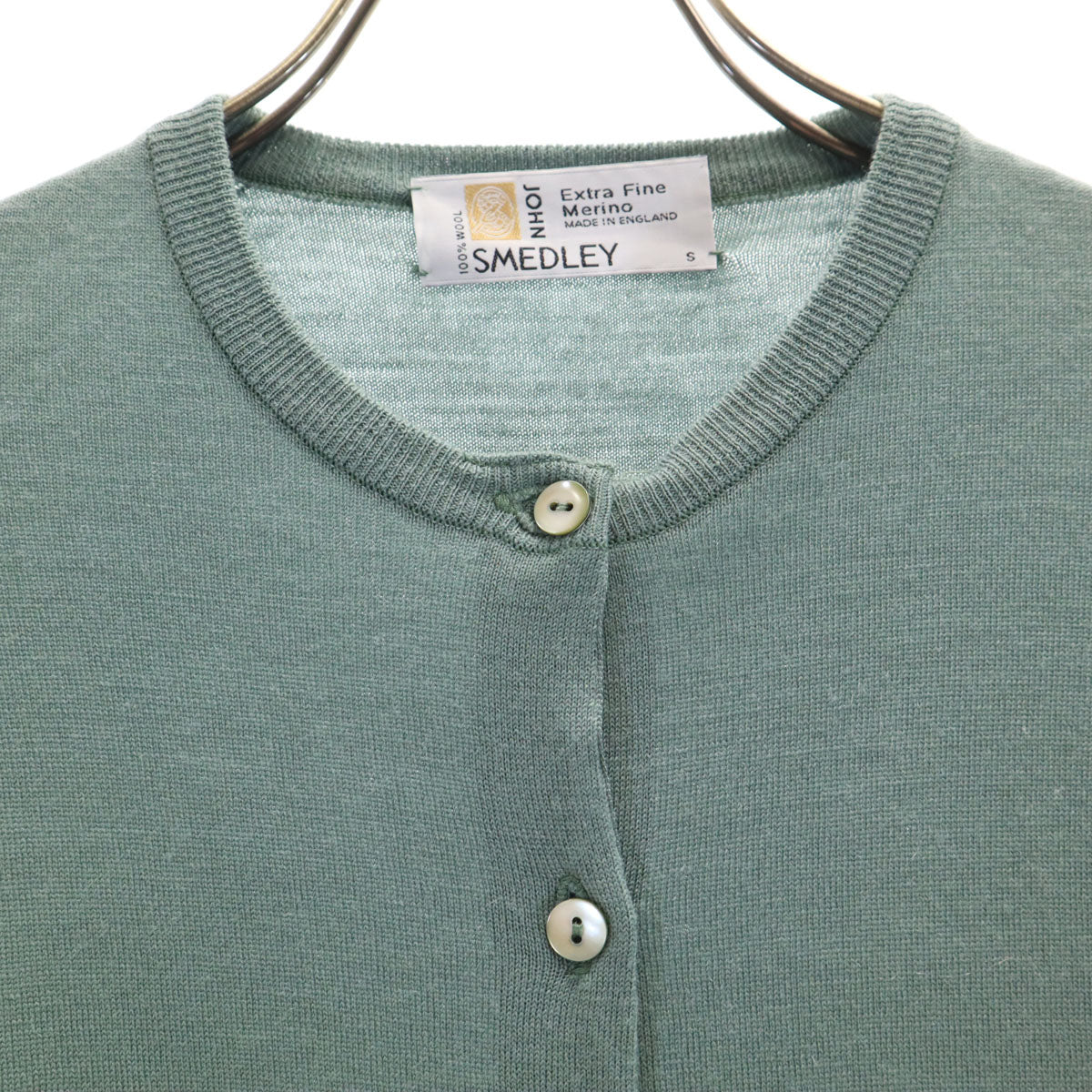 JOHN SMEDLEY ジョンスメドレー イングランド製 7分袖 ニットカーディガン S グリーングレー レディース
