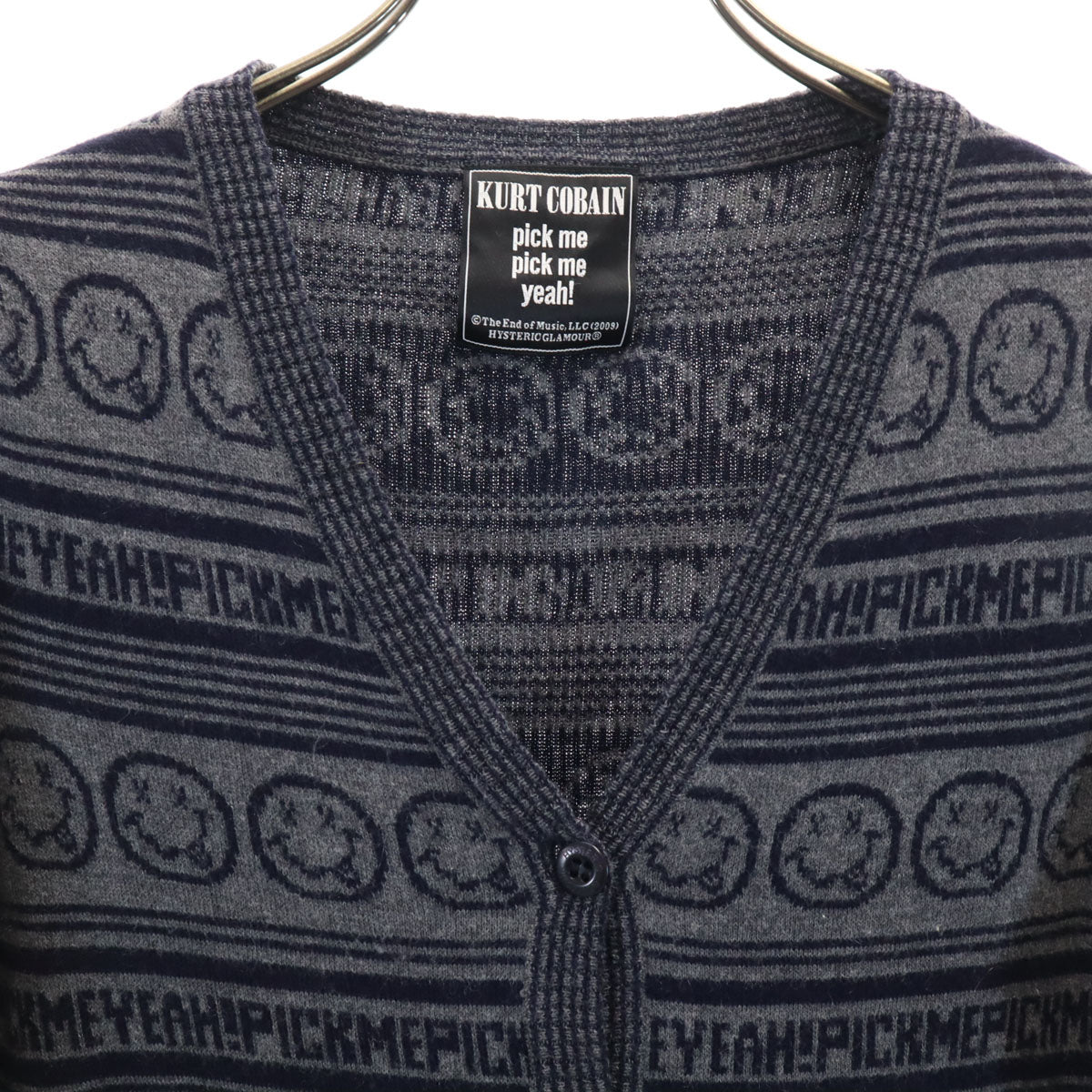 美品 HYSTERIC GLAMOUR ヒステリックグラマー カシミヤブレンド ニルヴァーナ カートコバーン 長袖 ニットカーディガン FREE グレー レディース