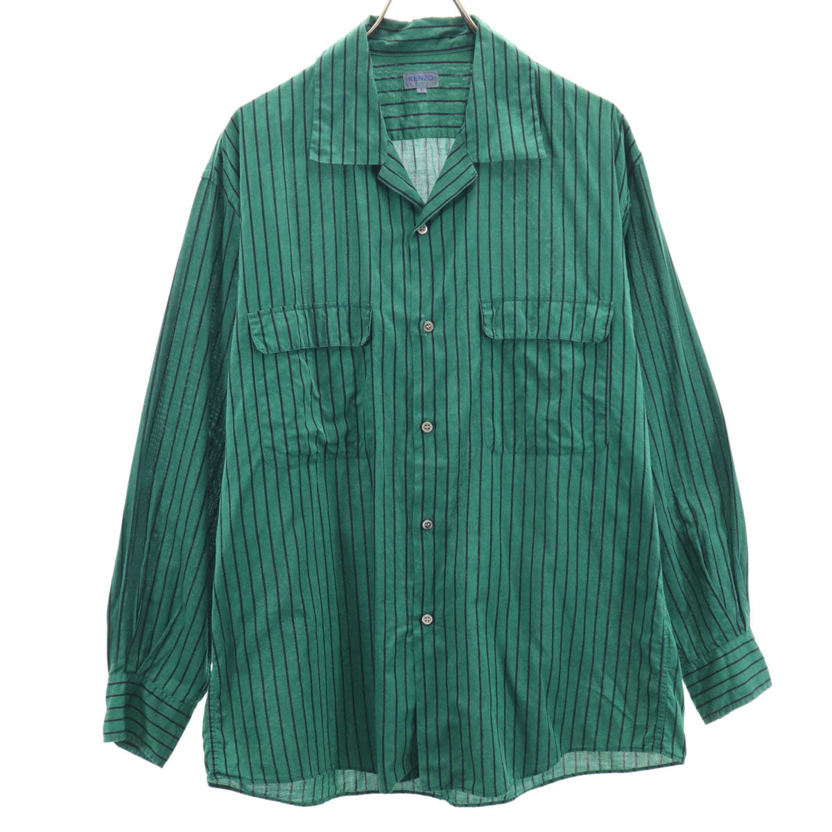 KENZO ケンゾー 90s 日本製 オールド ストライプ柄 長袖 オープンカラーシャツ F グリーン ユニセックス メンズ