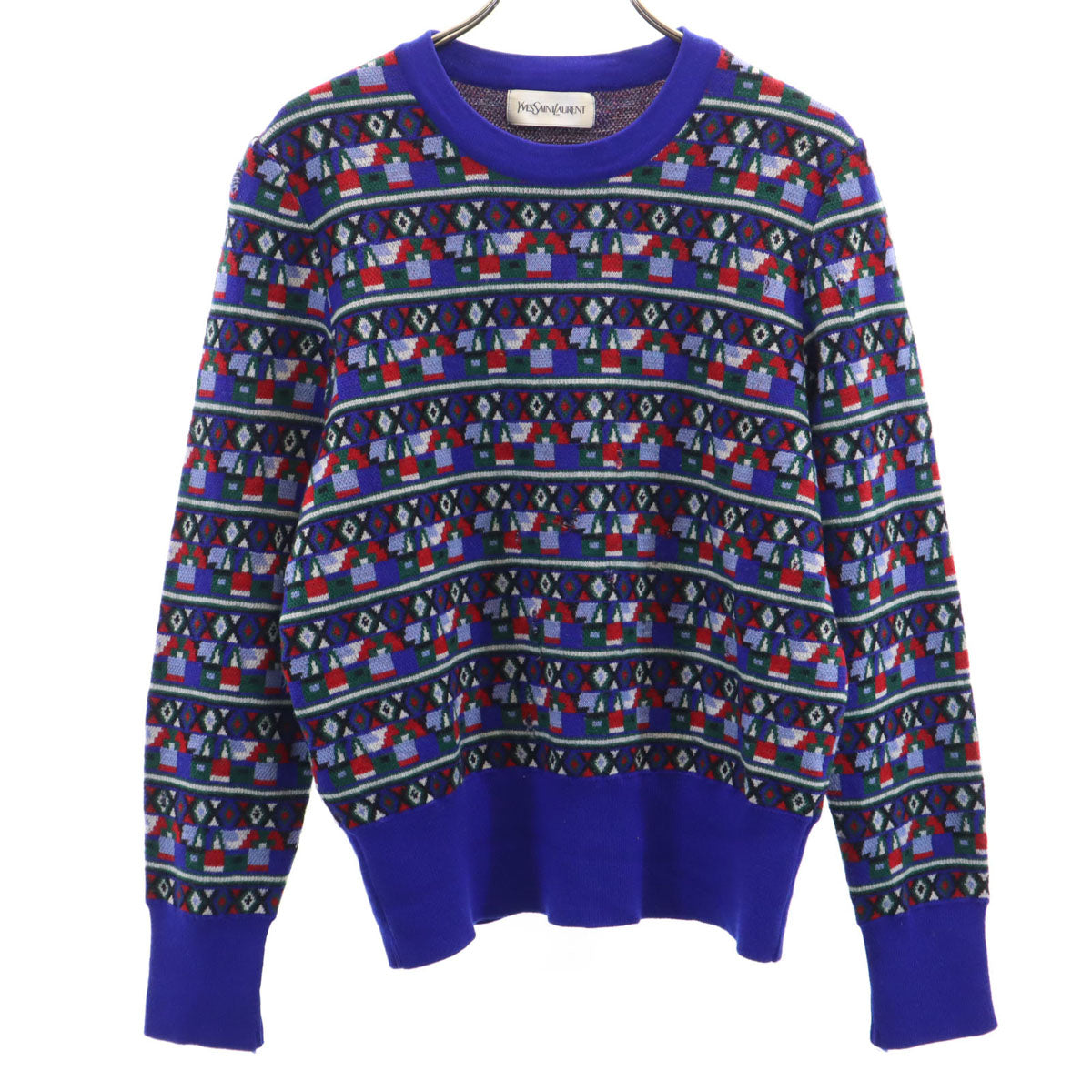 YVES SAINT LAURENT イヴサンローラン 90s オールド 総柄 長袖 セーター M ブルー系 ニット レディース