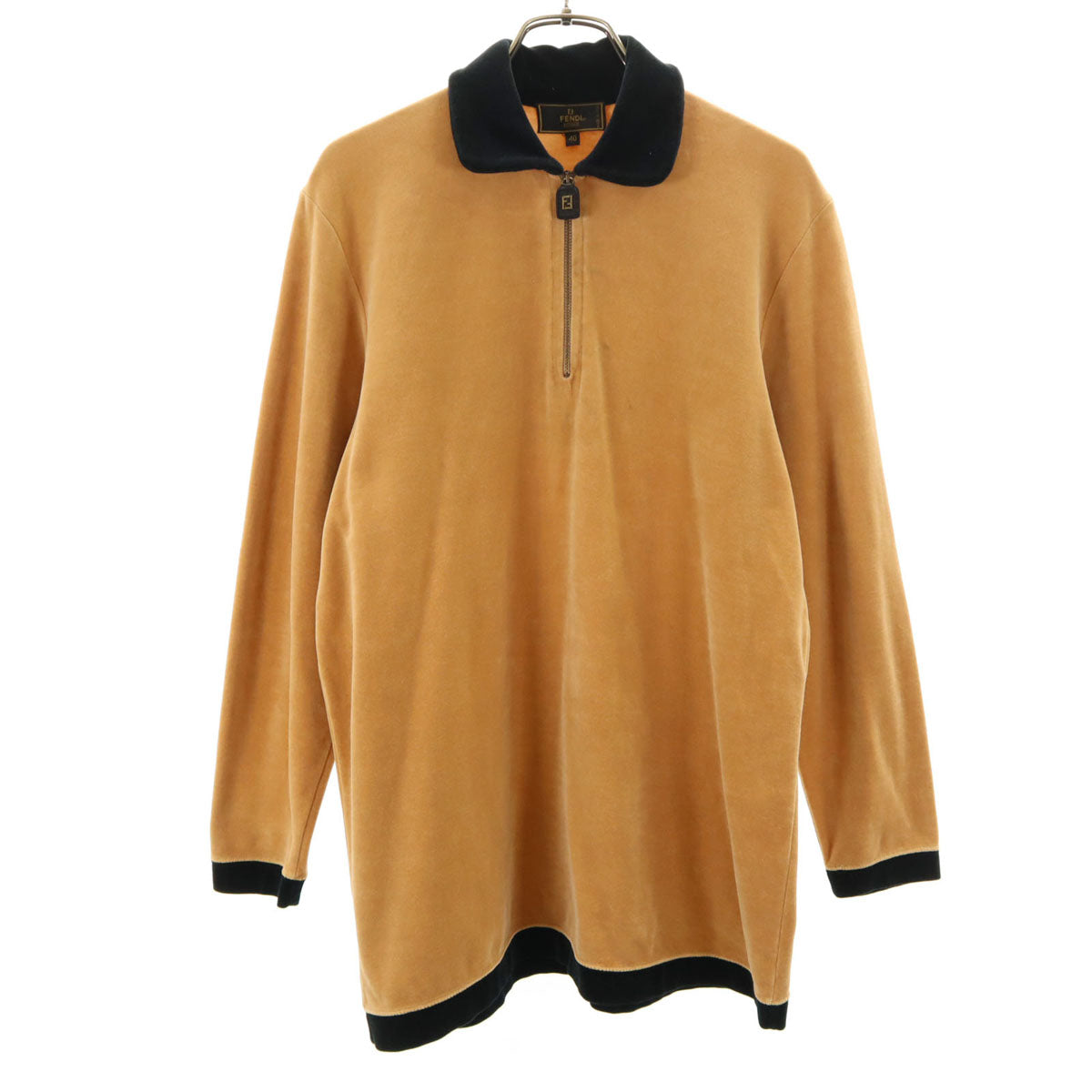 FENDI フェンディ 90s イタリア製 オールド バックプリント 長袖 ハーフジップ ベロア ポロシャツ 40 ブラウン メンズ