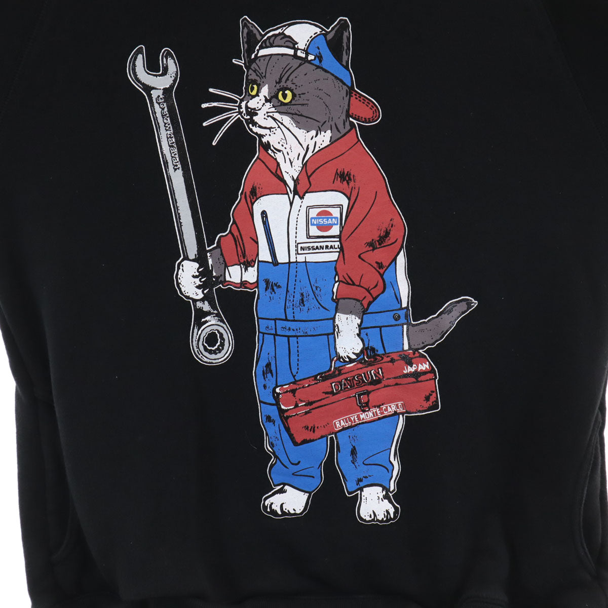 goslow caravan ゴースローキャラバン NISSAN 日産自動車 コラボ RALLYメカニック猫 長袖 スウェットパーカー 4 ブラック 空紡糸裏毛 メンズ