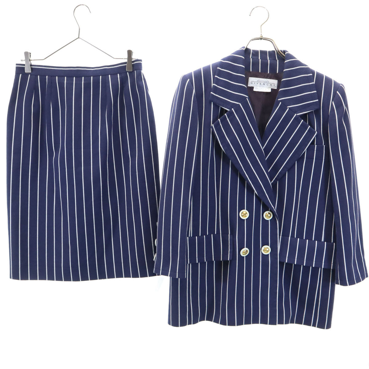 Givenchy ジバンシー 90s フランス製 オールド ストライプ柄 テーラードジャケット 上下 セットアップ 42 ブルー レディース