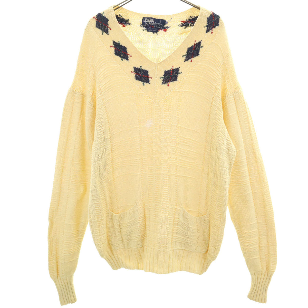 Polo by Ralph Lauren ポロバイラルフローレン 90s オールド ハンドニット アーガイル柄 長袖 Vネック ニット M イエロー メンズ