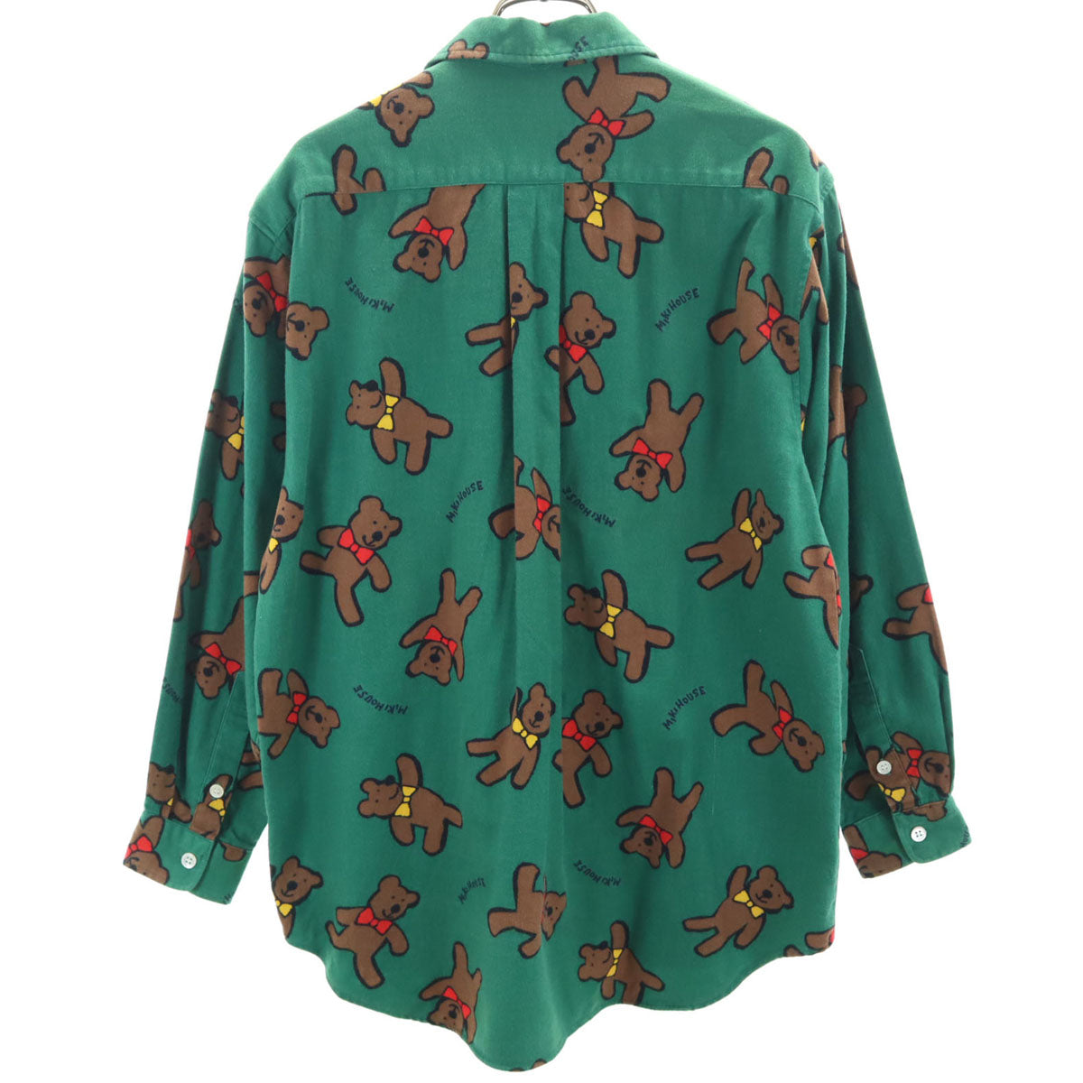 mikihouse ミキハウス 日本製 ベア柄 長袖 フランネル オープンカラーシャツ M グリーン クマ メンズ