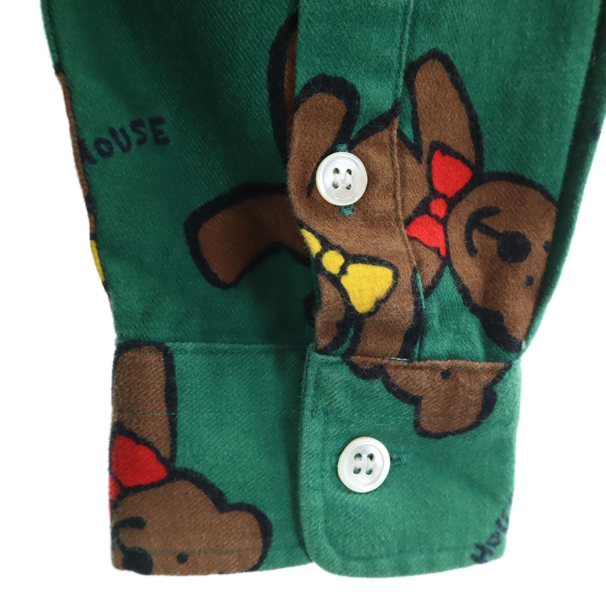 mikihouse ミキハウス 日本製 ベア柄 長袖 フランネル オープンカラーシャツ M グリーン クマ メンズ