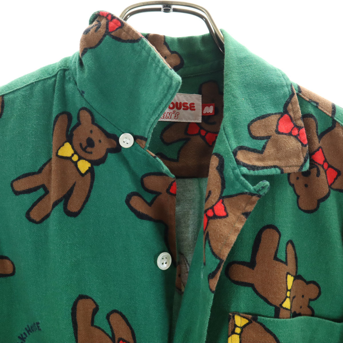 mikihouse ミキハウス 日本製 ベア柄 長袖 フランネル オープンカラーシャツ M グリーン クマ メンズ