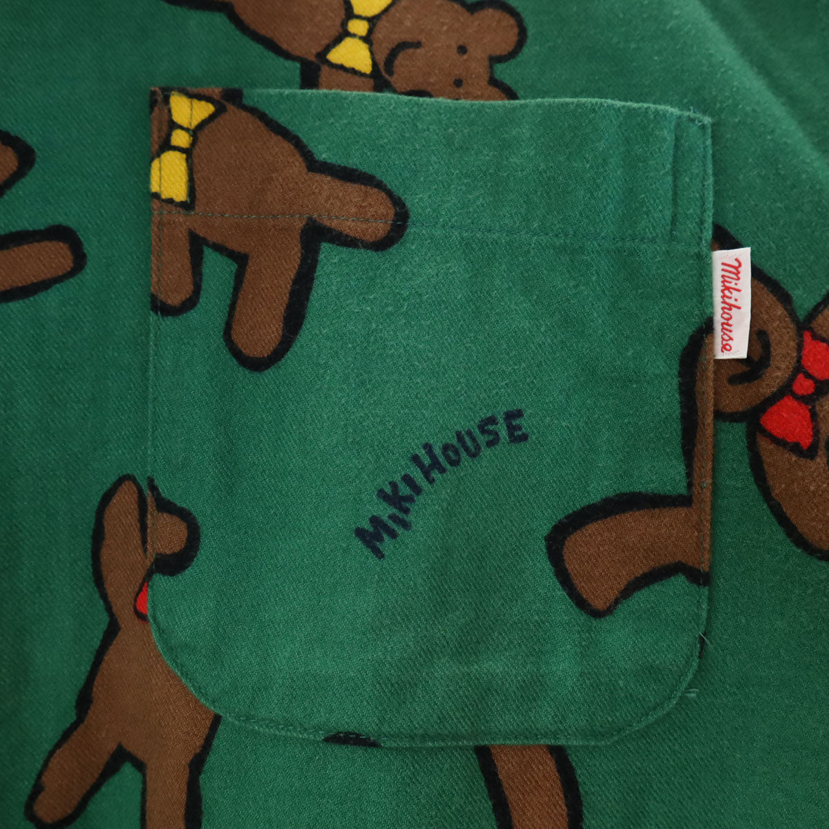 mikihouse ミキハウス 日本製 ベア柄 長袖 フランネル オープンカラーシャツ M グリーン クマ メンズ