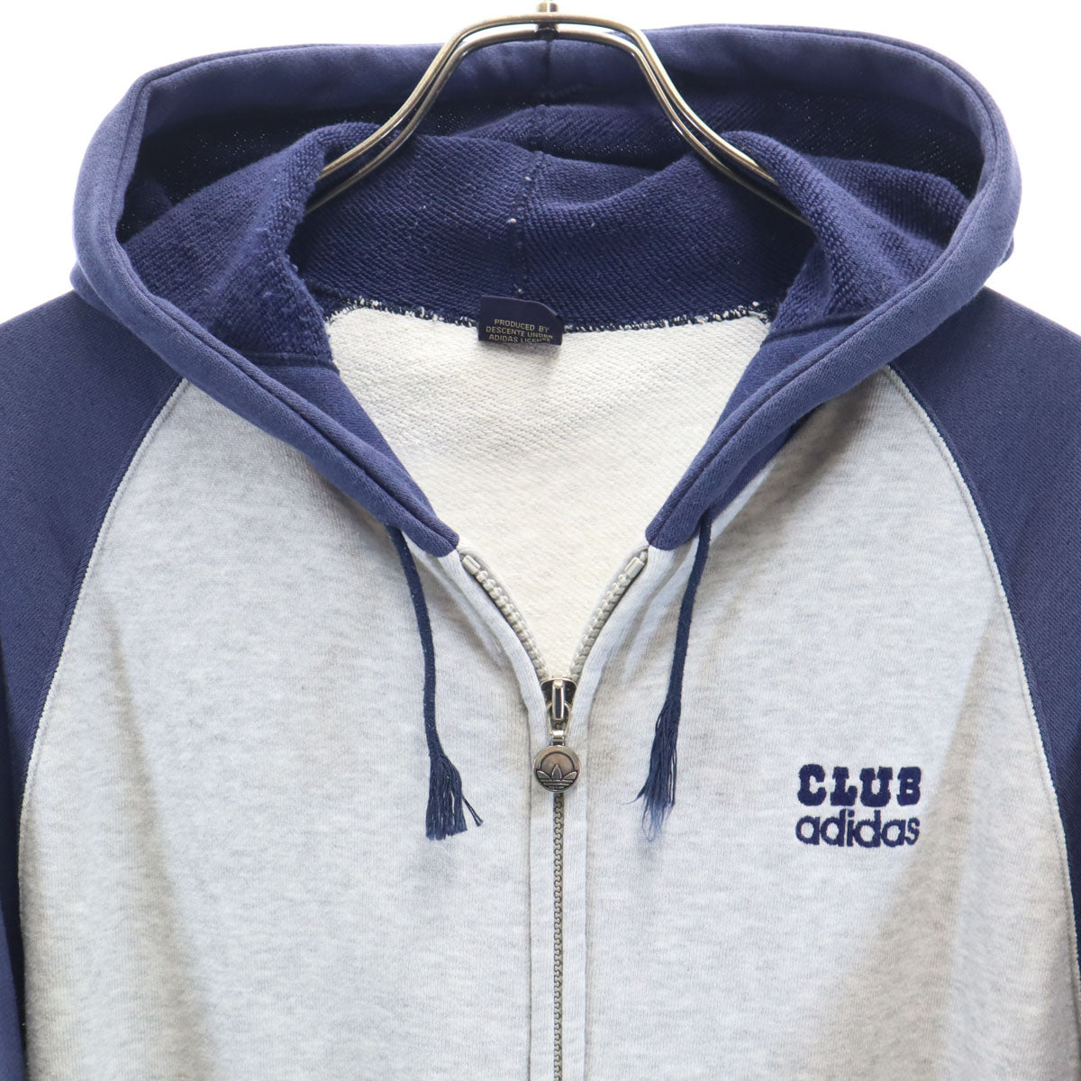 adidas アディダス 70s 80s ヴィンテージ デサント製 トレフォイルロゴ 長袖 ツートンカラー ラグラン ワンポイント刺繍 ジップパーカー L グレー メンズ
