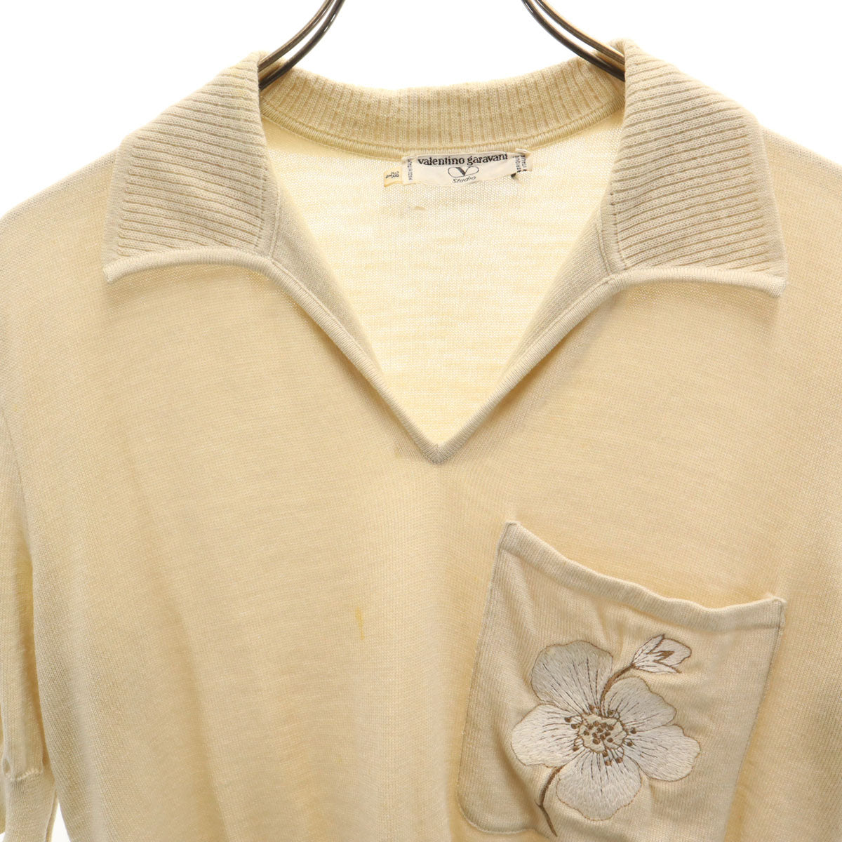 Valentino Garavani ヴァレンティノガラヴァーニ イタリア製 ウール100％ 半袖 オープンカラー セーター 38/4 ベージュ系 ニット レディース
