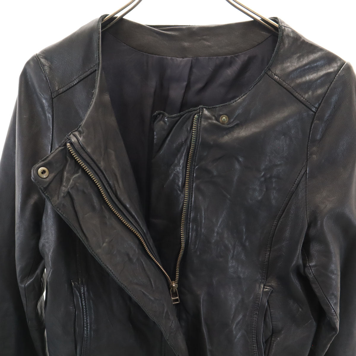 UNITED ARROWS ユナイテッドアローズ ノーカラー 羊革 レザージャケット 40 ブラック レディース