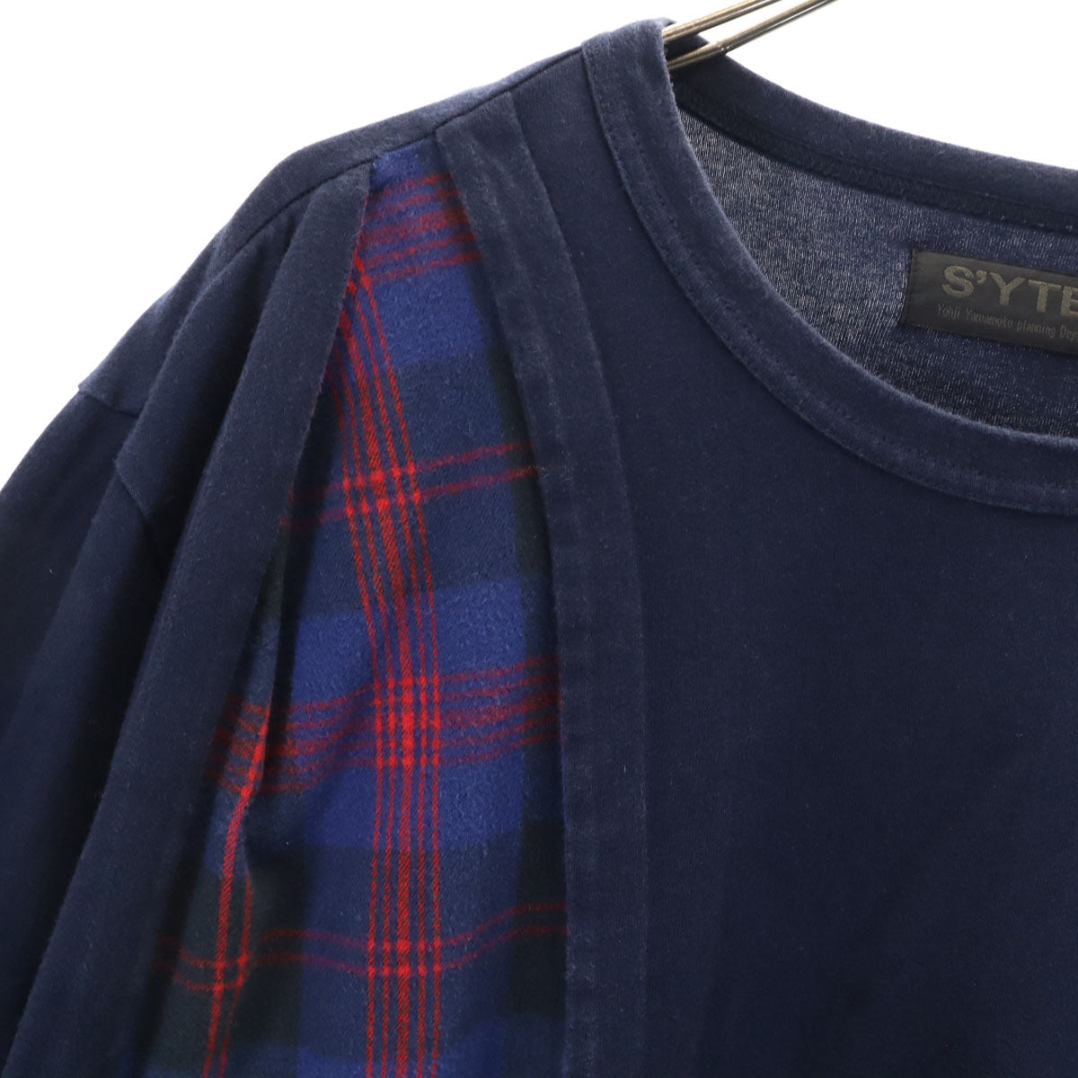 S'YTE サイト 08SS 日本製 チェック柄 長袖 アシンメトリー Tシャツ 3 ネイビー ヨウジヤマモト ロンT メンズ