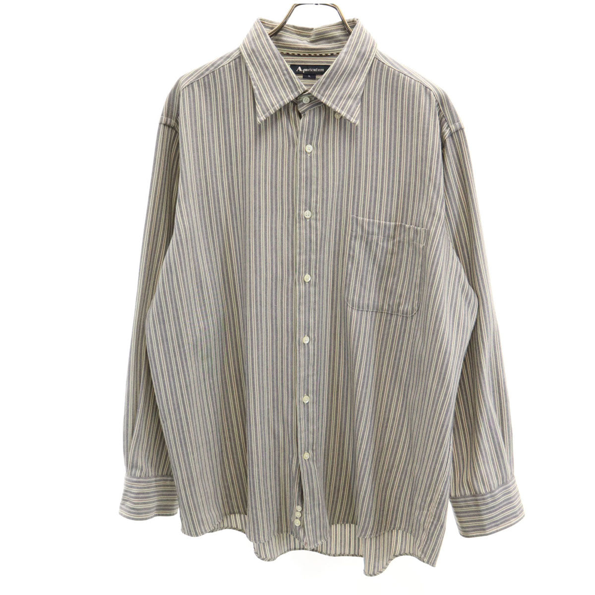 Aquascutum アクアスキュータム 日本製 ウール100% ストライプ柄 長袖 シャツ 3L グレー系 ビッグサイズ メンズ
