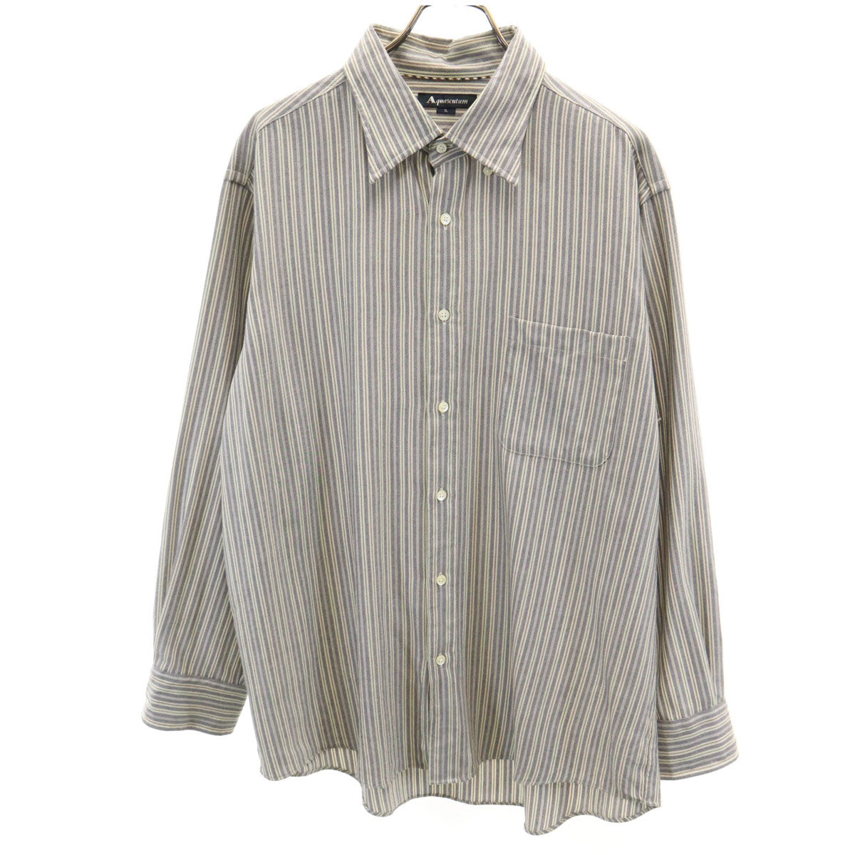 Aquascutum アクアスキュータム 日本製 ウール100% ストライプ柄 長袖 シャツ 3L グレー系 ビッグサイズ メンズ
