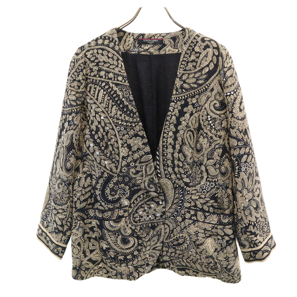 LEONARD レオナール 総柄 ノーカラー ジャケット 13AR ブラック系 レディース
