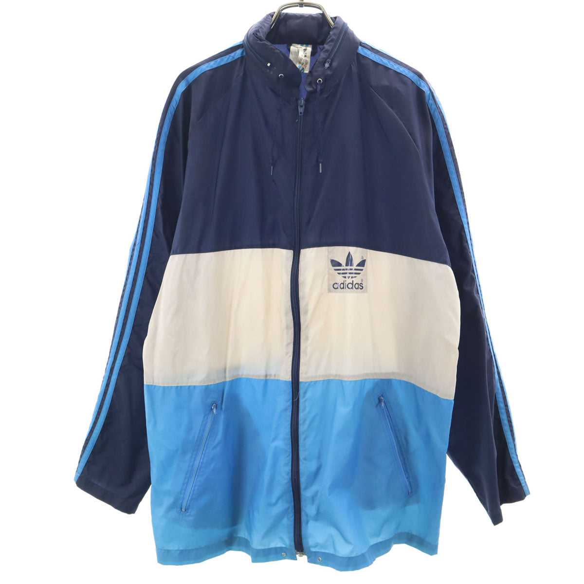 adidas アディダス 80s ヴィンテージ 万国旗タグ トレフォイルロゴ ナイロンジャケット 40 ネイビー フード付き メンズ