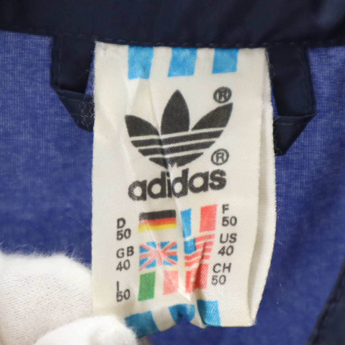 adidas アディダス 80s ヴィンテージ 万国旗タグ トレフォイルロゴ ナイロンジャケット 40 ネイビー フード付き メンズ