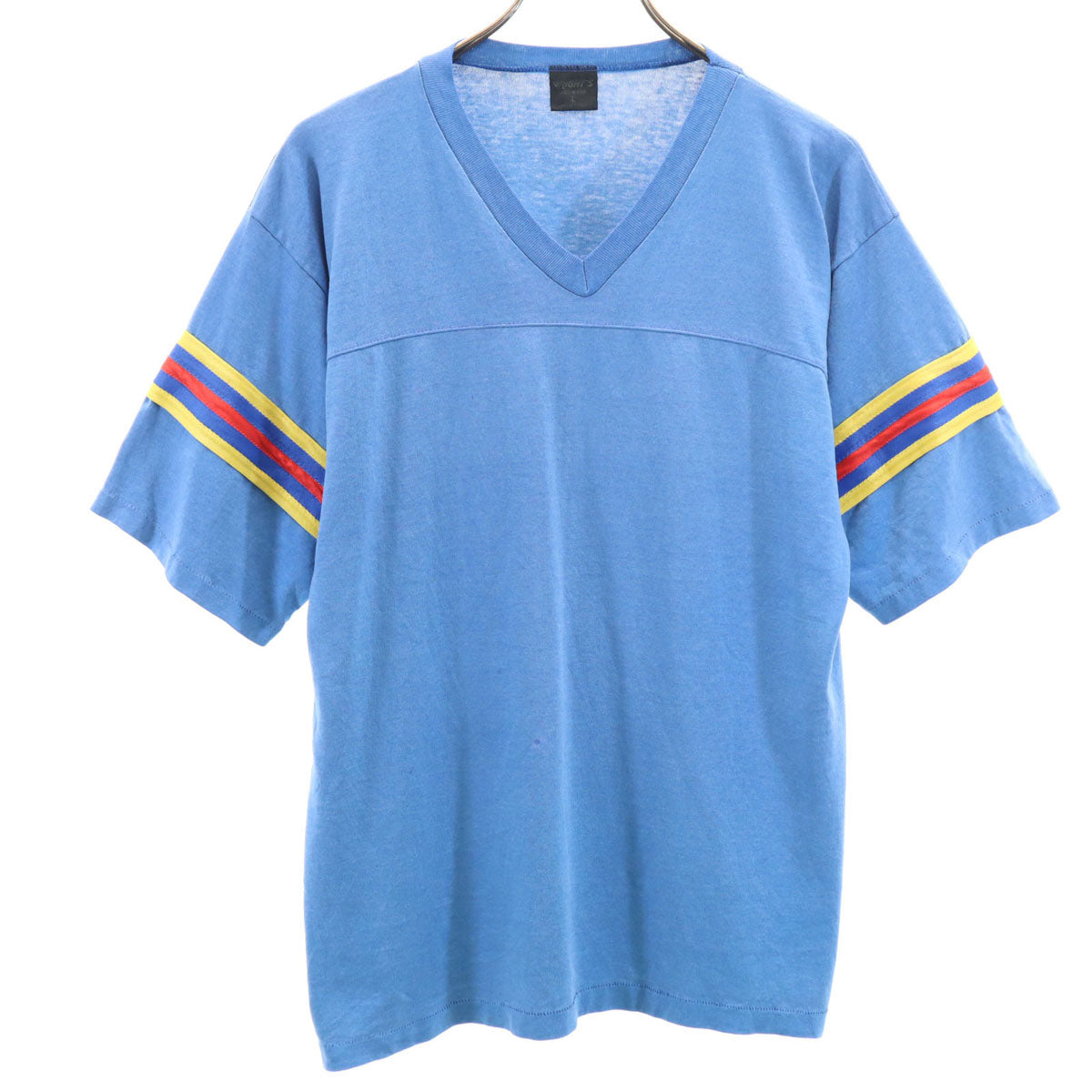 80s ヴィンテージ USA製 半袖 Vネック Tシャツ L ブルー シングルステッチ メンズ