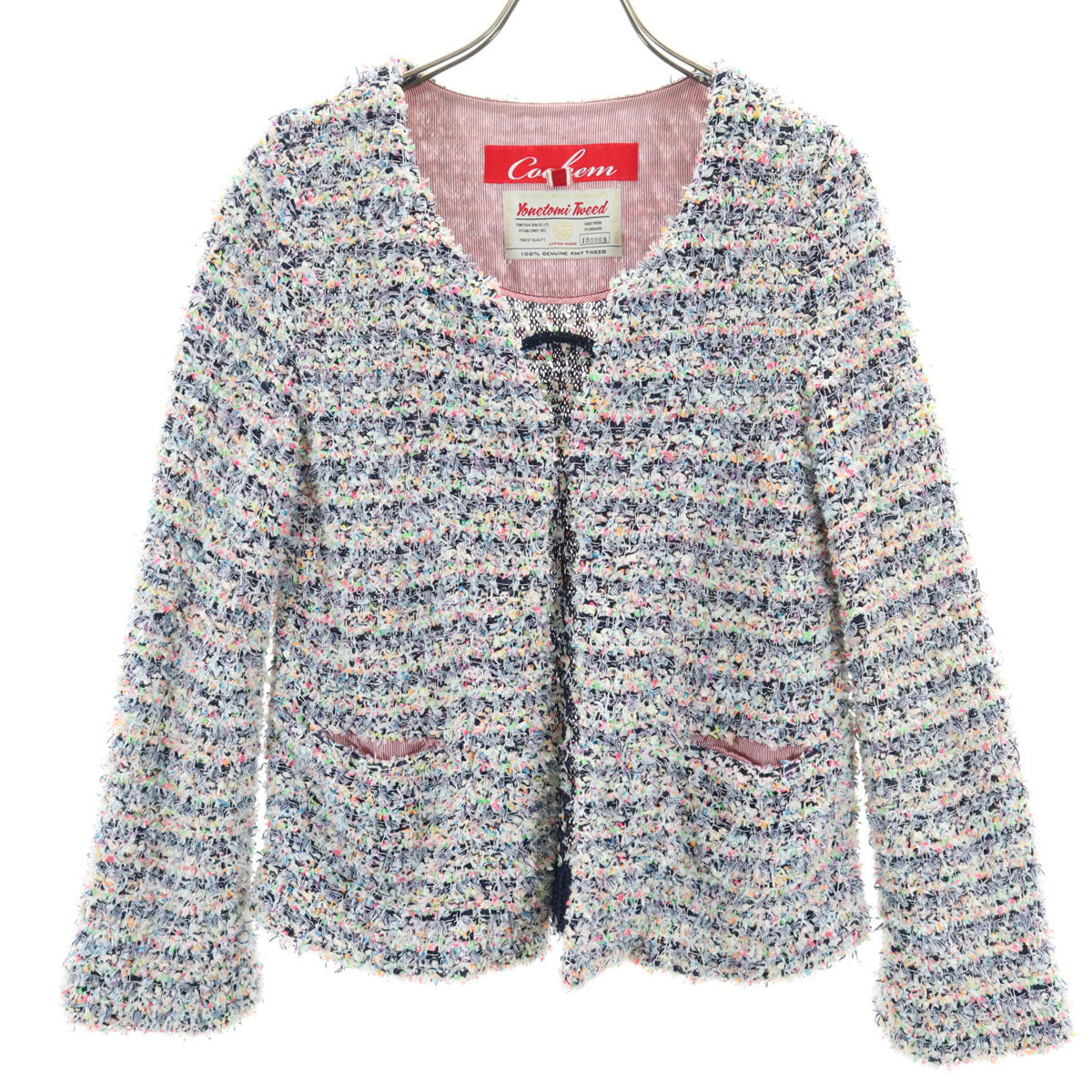 COOHEM コーヘン 日本製 ヨネトミツイード ノーカラージャケット 36 マルチ レディース