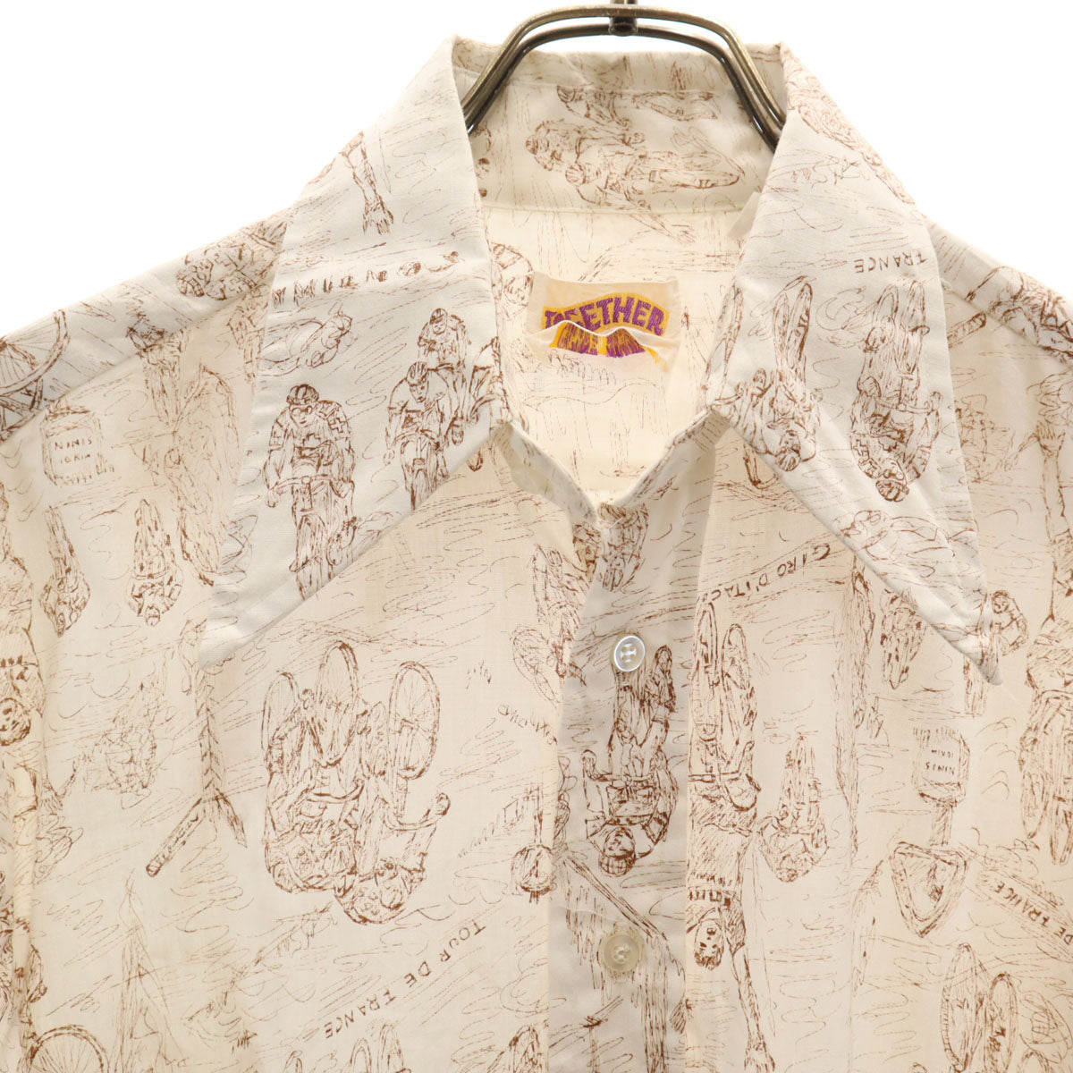 70s ヴィンテージ USA製 衿芯 総柄 長袖 コットンシャツ M ホワイト メンズ