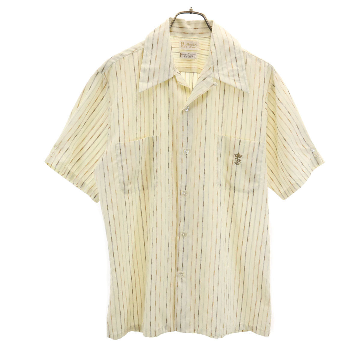 70s ヴィンテージ 開襟 ストライプ柄 半袖 オープンカラーシャツ M 生成り メンズ