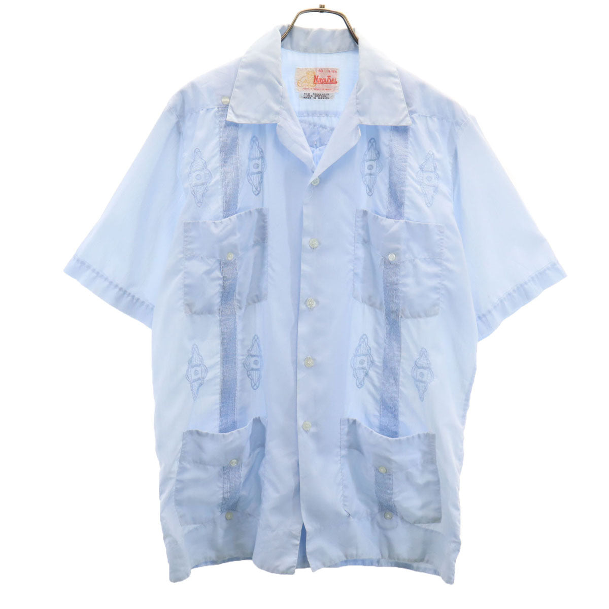 70s 80s ヴィンテージ 半袖 オープンカラー キューバシャツ L 水色 メンズ