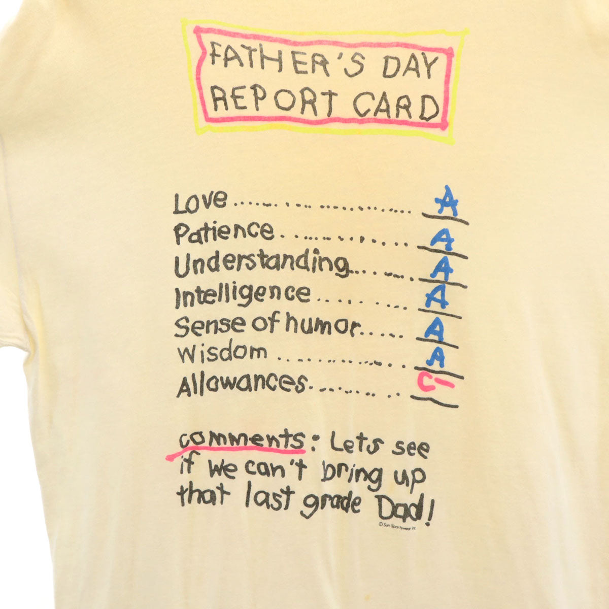 90s オールド 父の日レポートカード プリント 半袖 Tシャツ 生成り メンズ