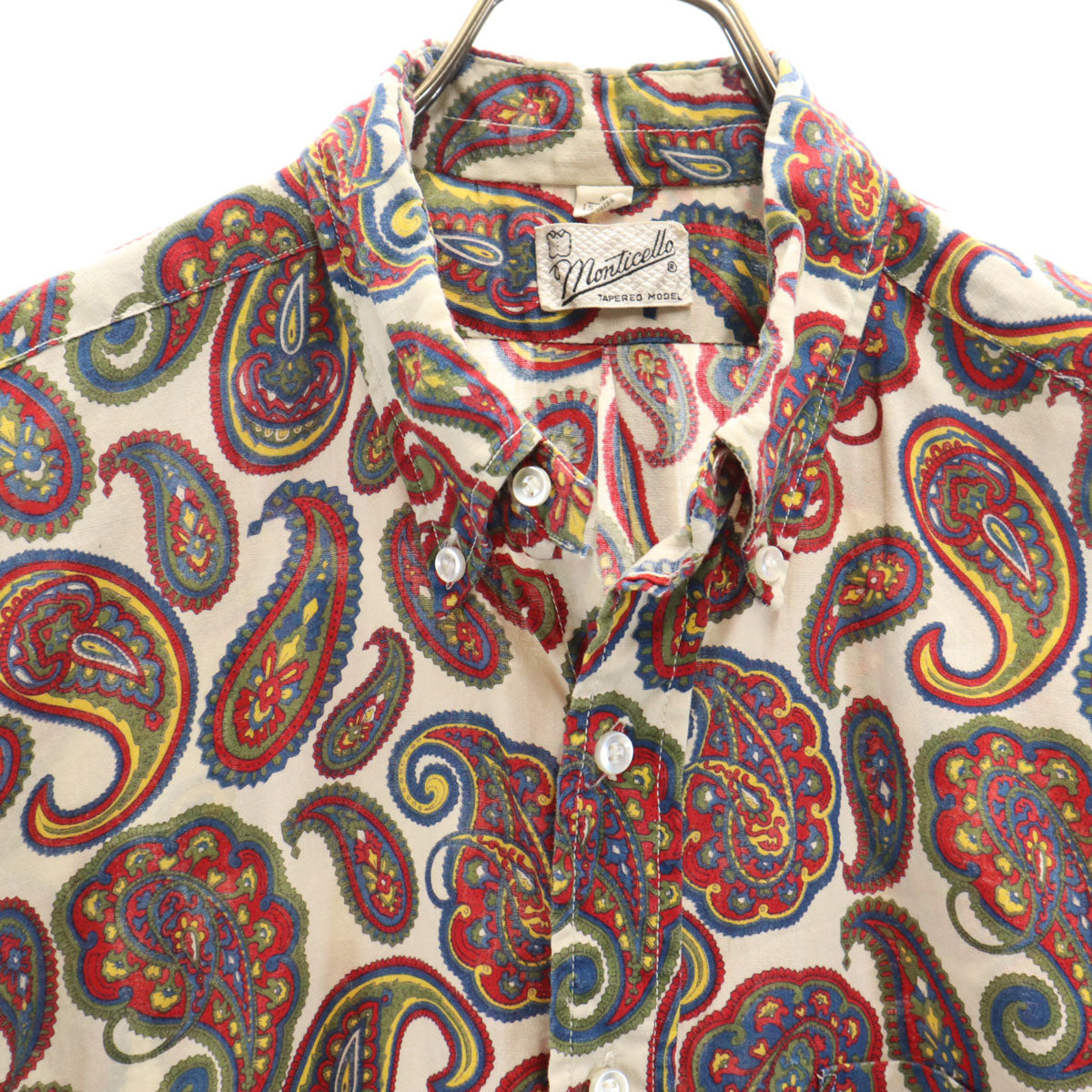 70s ヴィンテージ ペイント柄 半袖 ボタンダウンシャツ M グレージュ メンズ