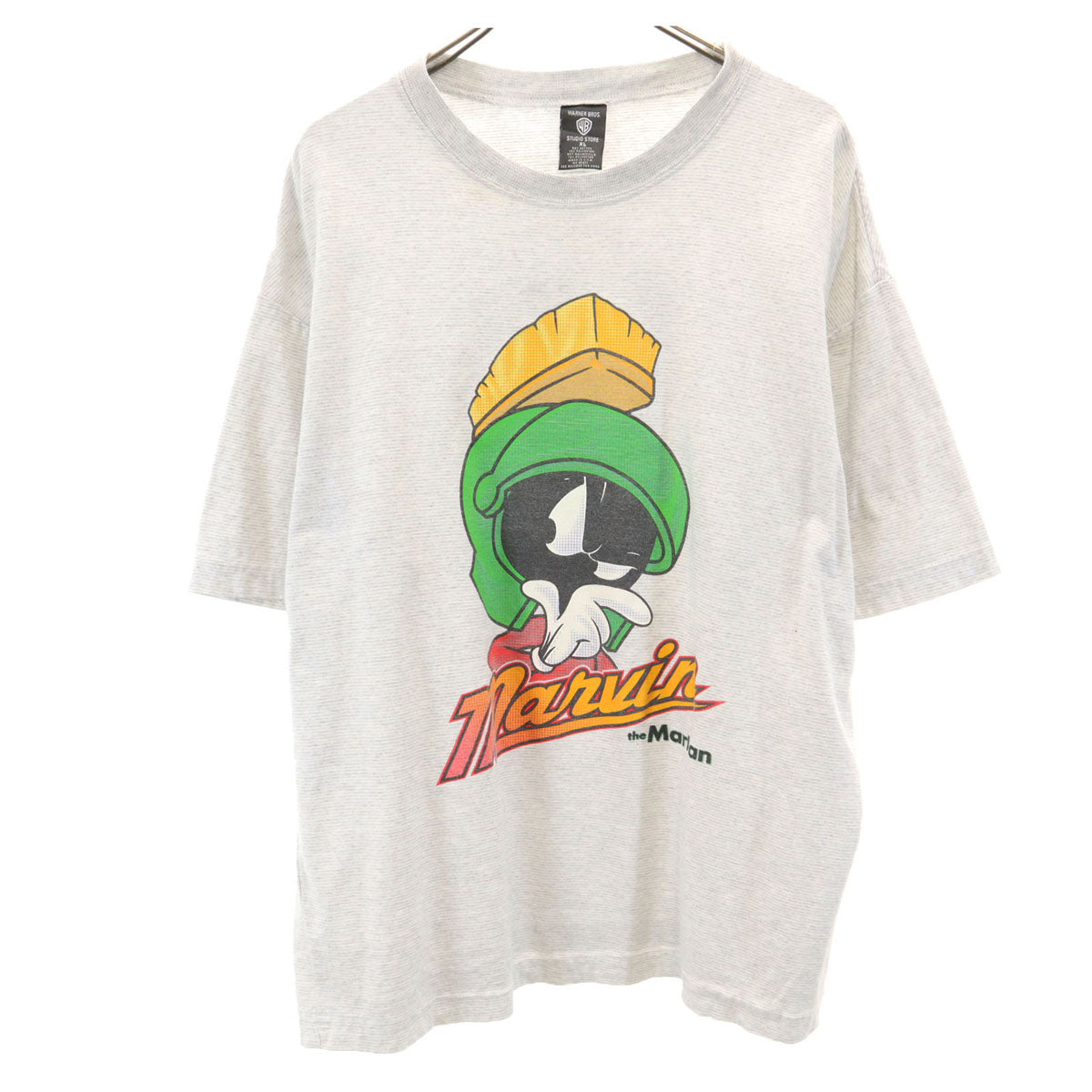 Warner Bros ワーナーブラザーズ 90s オールド USA製 ボーダー柄 ルーニーテューンズ 半袖 シングルステッチ Tシャツ XL グレー マービンザマーシャン メンズ