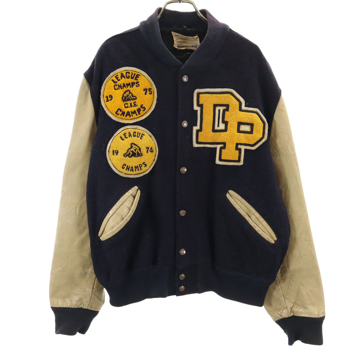 VINTAGE ヴィンテージ 70s ワッペン レザー切り替え アワード ジャケット 44 ネイビー スタジャン メンズ